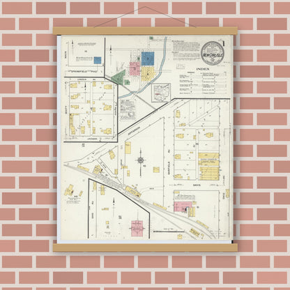 Old map wall art mockup — magnetic wood frame on brick wall — Sanborn Fire Insurance Map from New Carlisle, Clarke County, Ohio (1916), Sheet #0001
