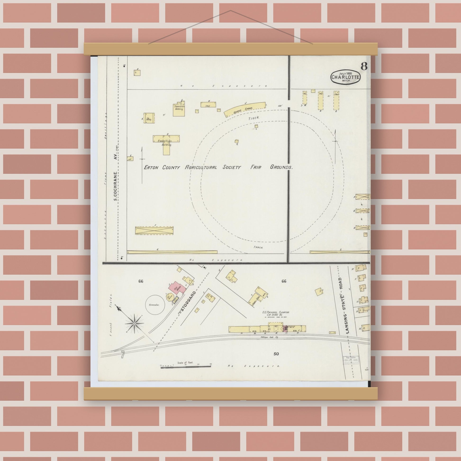 Old map wall art mockup — magnetic wood frame on brick wall — Sanborn Fire Insurance Map from Charlotte, Eaton County, Michigan (1895), Sheet #0008