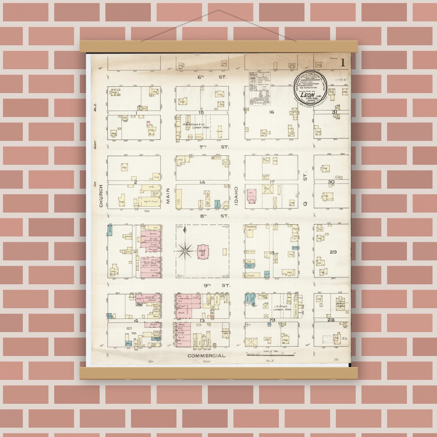 Old map wall art mockup — magnetic wood frame on brick wall — Sanborn Fire Insurance Map from Leon, Decatur County, Iowa (1886) â€” Complete Set