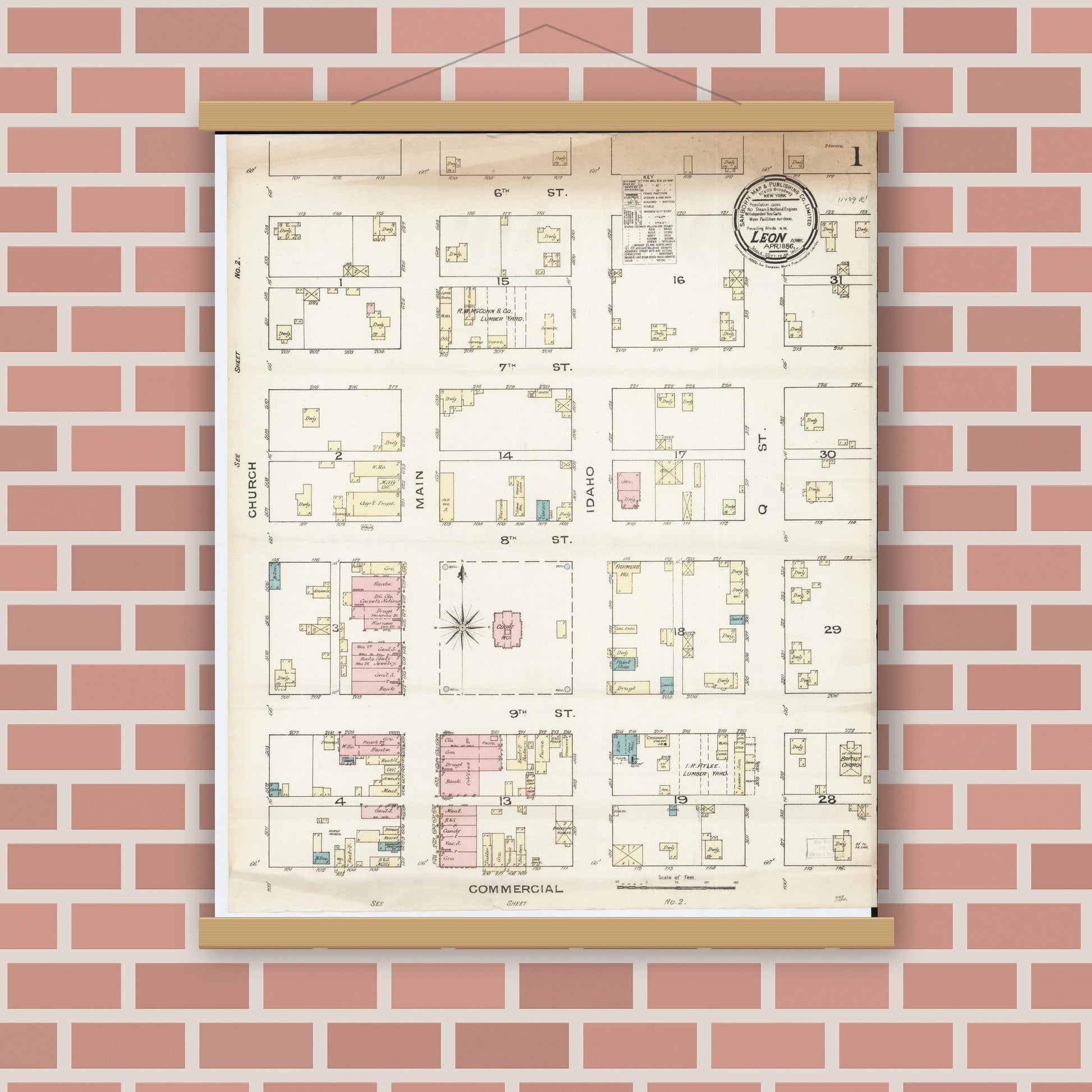 Old map wall art mockup — magnetic wood frame on brick wall — Sanborn Fire Insurance Map from Leon, Decatur County, Iowa (1886) â€” Complete Set