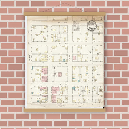 Old map wall art mockup — magnetic wood frame on brick wall — Sanborn Fire Insurance Map from Leon, Decatur County, Iowa (1886) â€” Complete Set