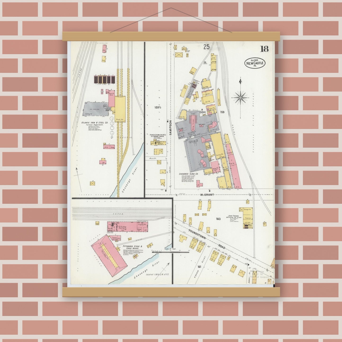 Old map wall art mockup — magnetic wood frame on brick wall — Sanborn Fire Insurance Map from New Castle, Lawrence County, Pennsylvania (1899), Sheet #0018