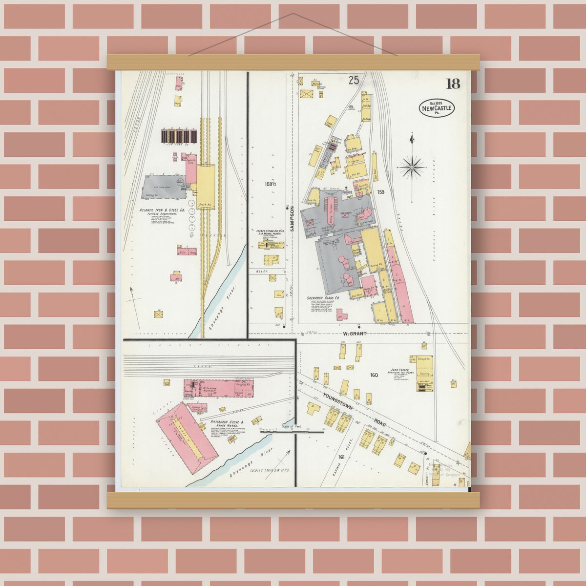Old map wall art mockup — magnetic wood frame on brick wall — Sanborn Fire Insurance Map from New Castle, Lawrence County, Pennsylvania (1899), Sheet #0018