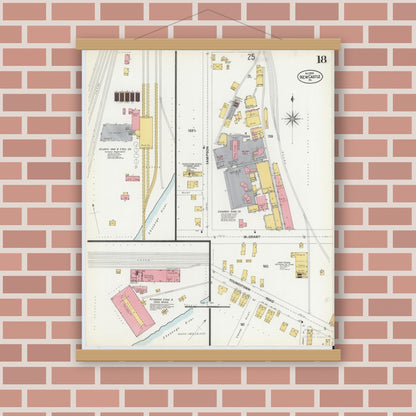 Old map wall art mockup — magnetic wood frame on brick wall — Sanborn Fire Insurance Map from New Castle, Lawrence County, Pennsylvania (1899), Sheet #0018