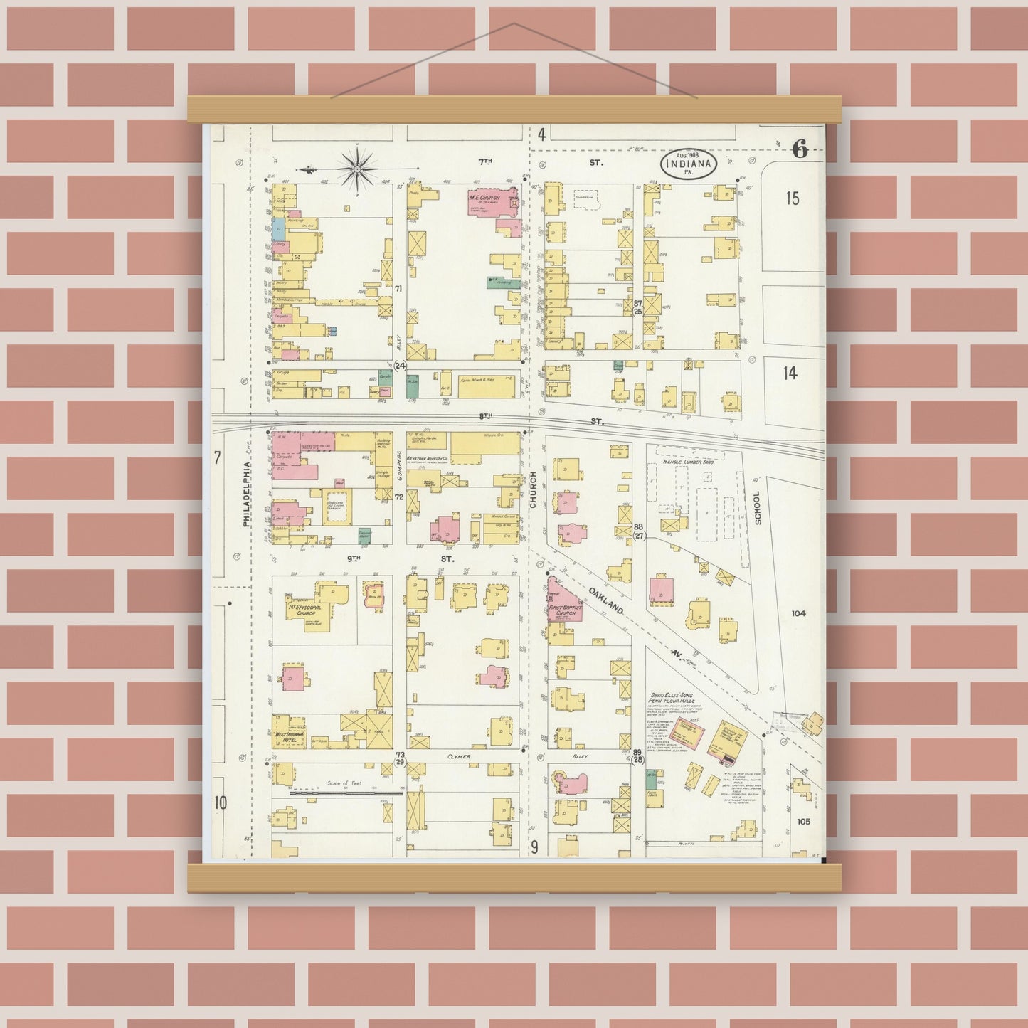 Old map wall art mockup — magnetic wood frame on brick wall — Sanborn Fire Insurance Map from Indiana, Indiana County, Pennsylvania (1903), Sheet #0006