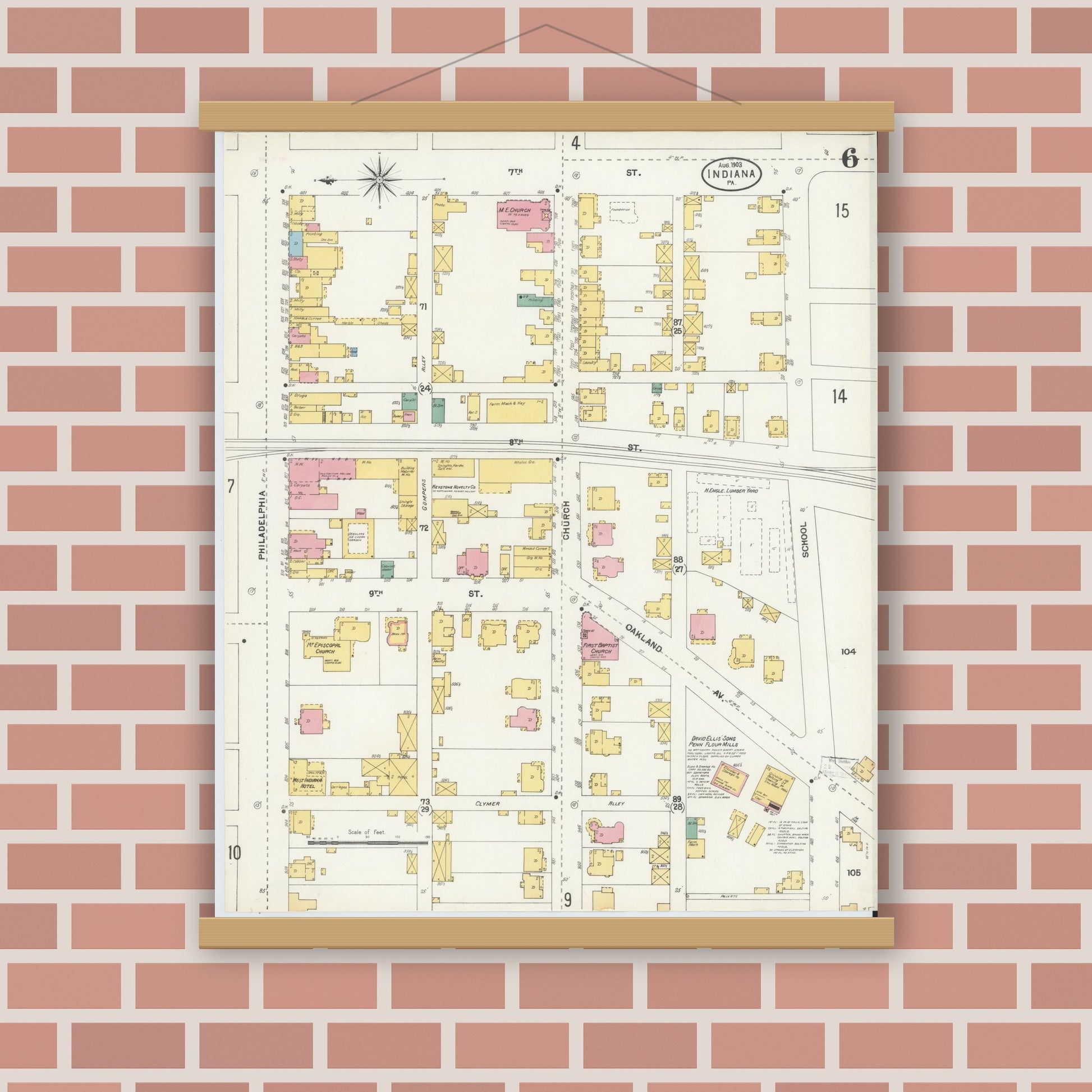 Old map wall art mockup — magnetic wood frame on brick wall — Sanborn Fire Insurance Map from Indiana, Indiana County, Pennsylvania (1903), Sheet #0006