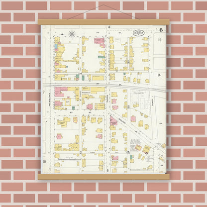 Old map wall art mockup — magnetic wood frame on brick wall — Sanborn Fire Insurance Map from Indiana, Indiana County, Pennsylvania (1903), Sheet #0006