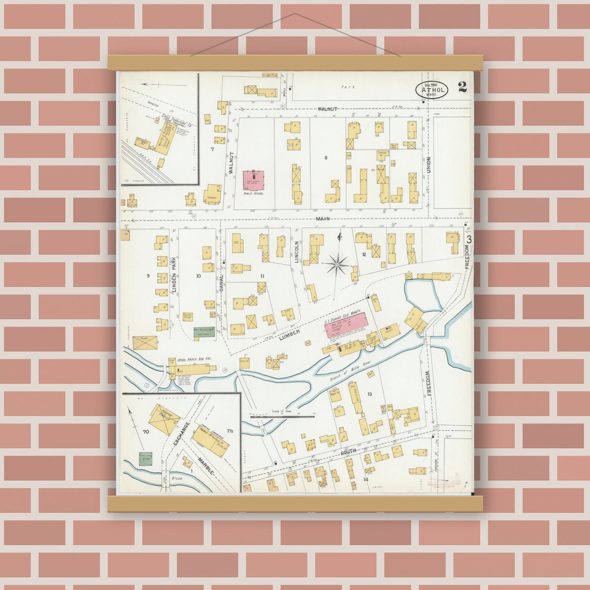 Old map wall art mockup — magnetic wood frame on brick wall — Sanborn Fire Insurance Map from Athol, Worcester County, Massachusetts (1900), Sheet #0002