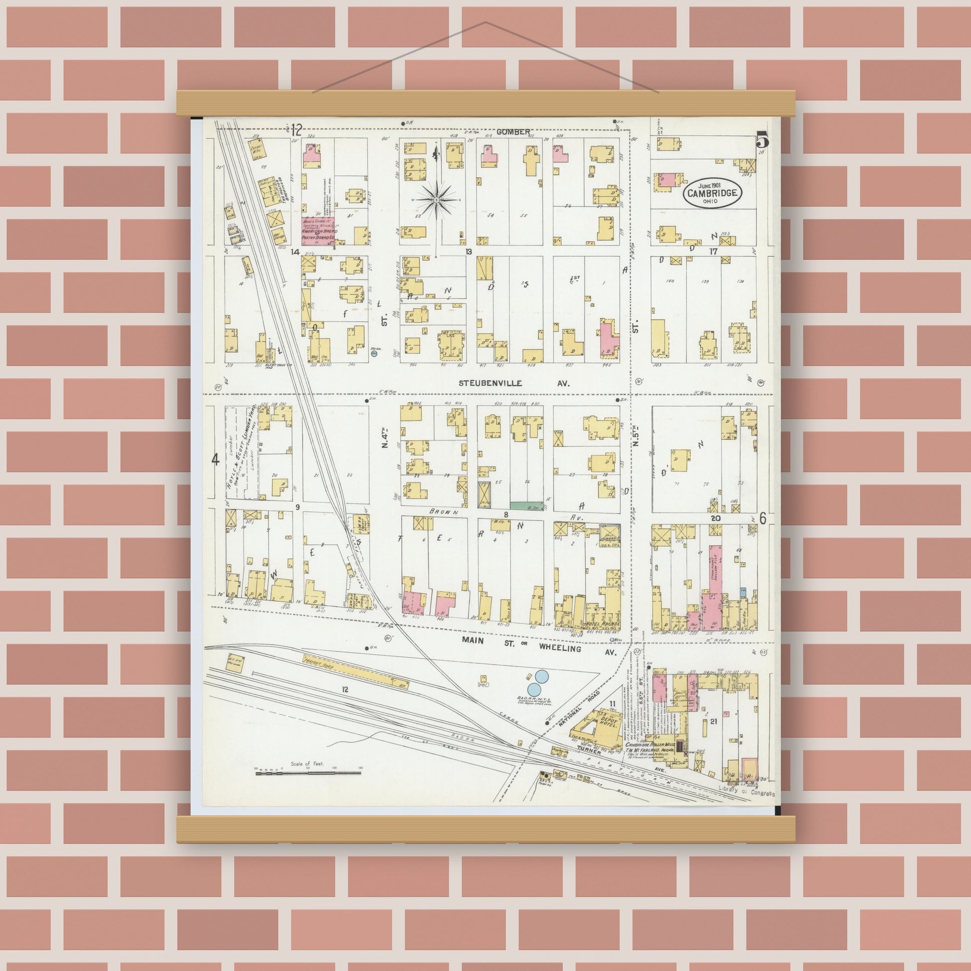 Old map wall art mockup — magnetic wood frame on brick wall — Sanborn Fire Insurance Map from Cambridge, Guernsey County, Ohio (1901), Sheet #0005
