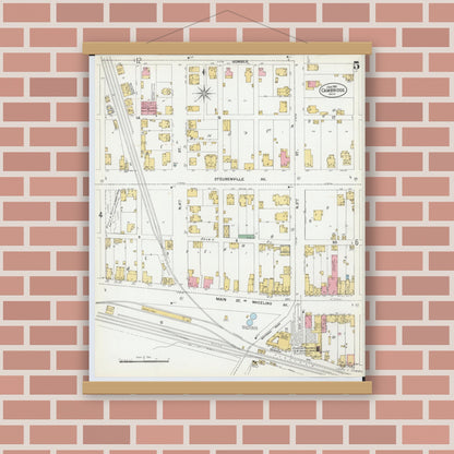 Old map wall art mockup — magnetic wood frame on brick wall — Sanborn Fire Insurance Map from Cambridge, Guernsey County, Ohio (1901), Sheet #0005