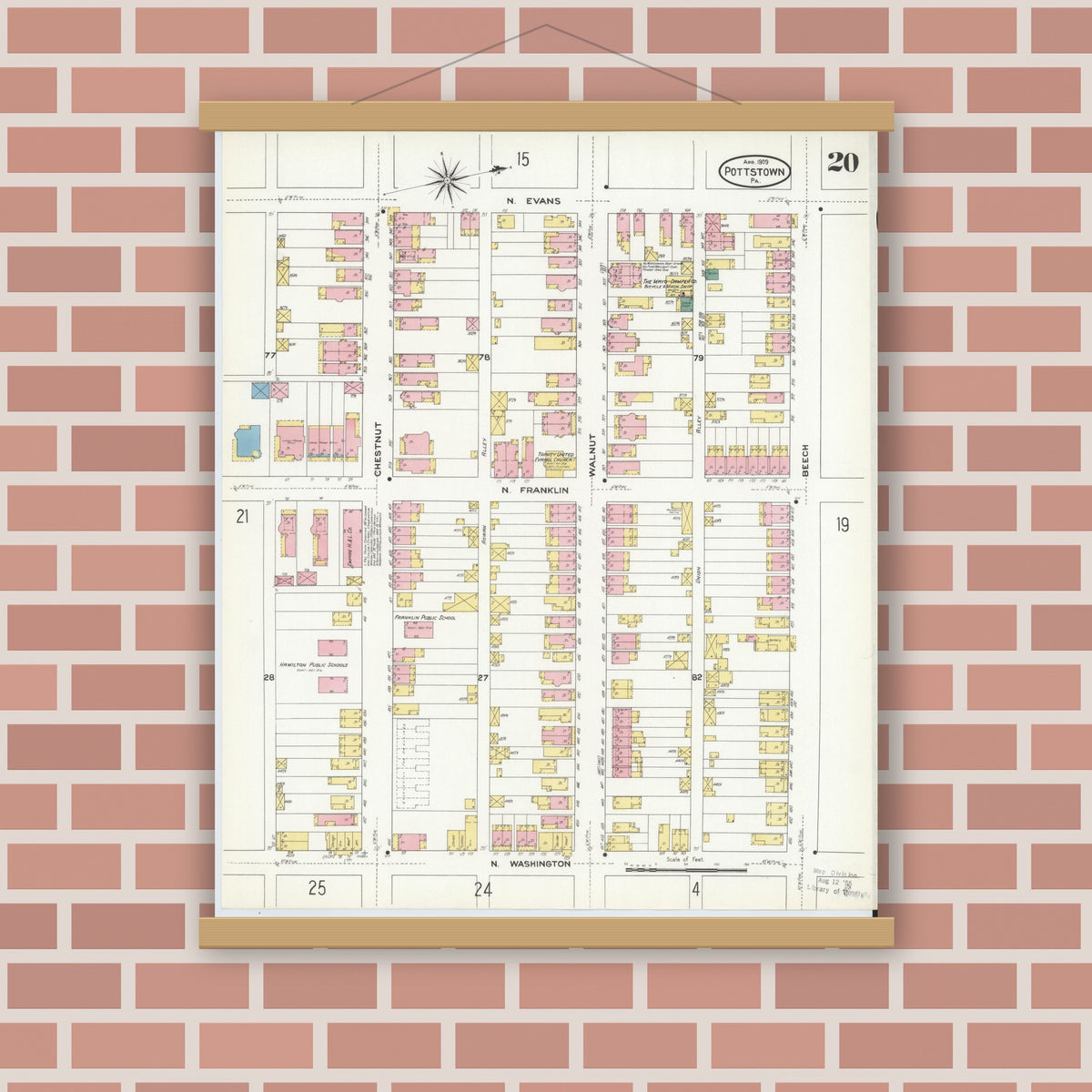 Old map wall art mockup — magnetic wood frame on brick wall — Sanborn Fire Insurance Map from Pottstown, Montgomery County, Pennsylvania (1909), Sheet #0020