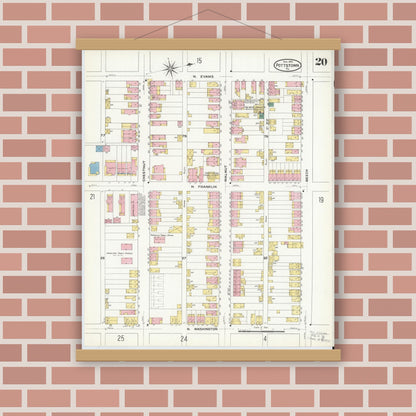 Old map wall art mockup — magnetic wood frame on brick wall — Sanborn Fire Insurance Map from Pottstown, Montgomery County, Pennsylvania (1909), Sheet #0020