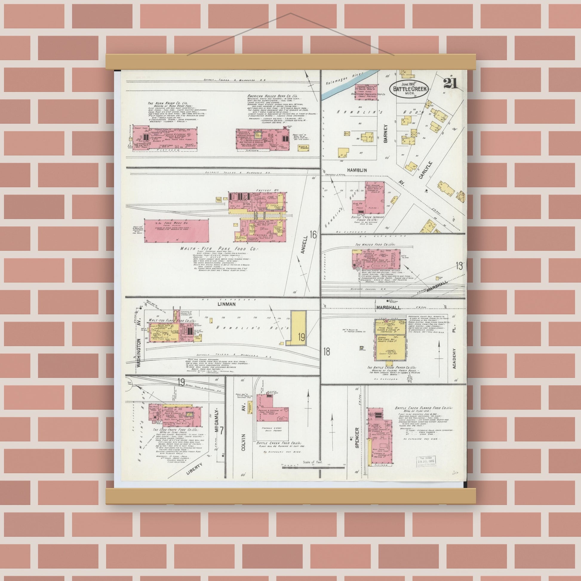 Old map wall art mockup — magnetic wood frame on brick wall — Sanborn Fire Insurance Map from Battle Creek, Calhoun County, Michigan (1902), Sheet #0021