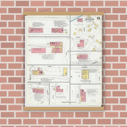 Old map wall art mockup — magnetic wood frame on brick wall — Sanborn Fire Insurance Map from Battle Creek, Calhoun County, Michigan (1902), Sheet #0021