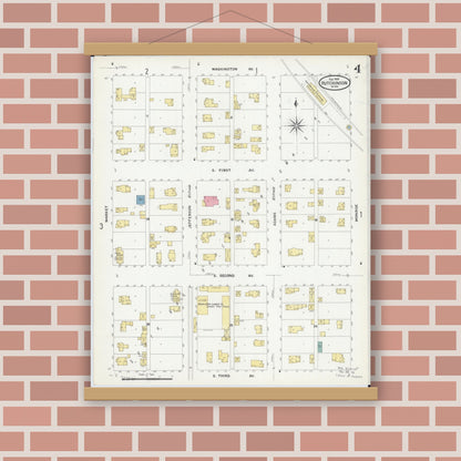 Old map wall art mockup — magnetic wood frame on brick wall — Sanborn Fire Insurance Map from Hutchinson, Mcleod County, Minnesota (1909), Sheet #0004