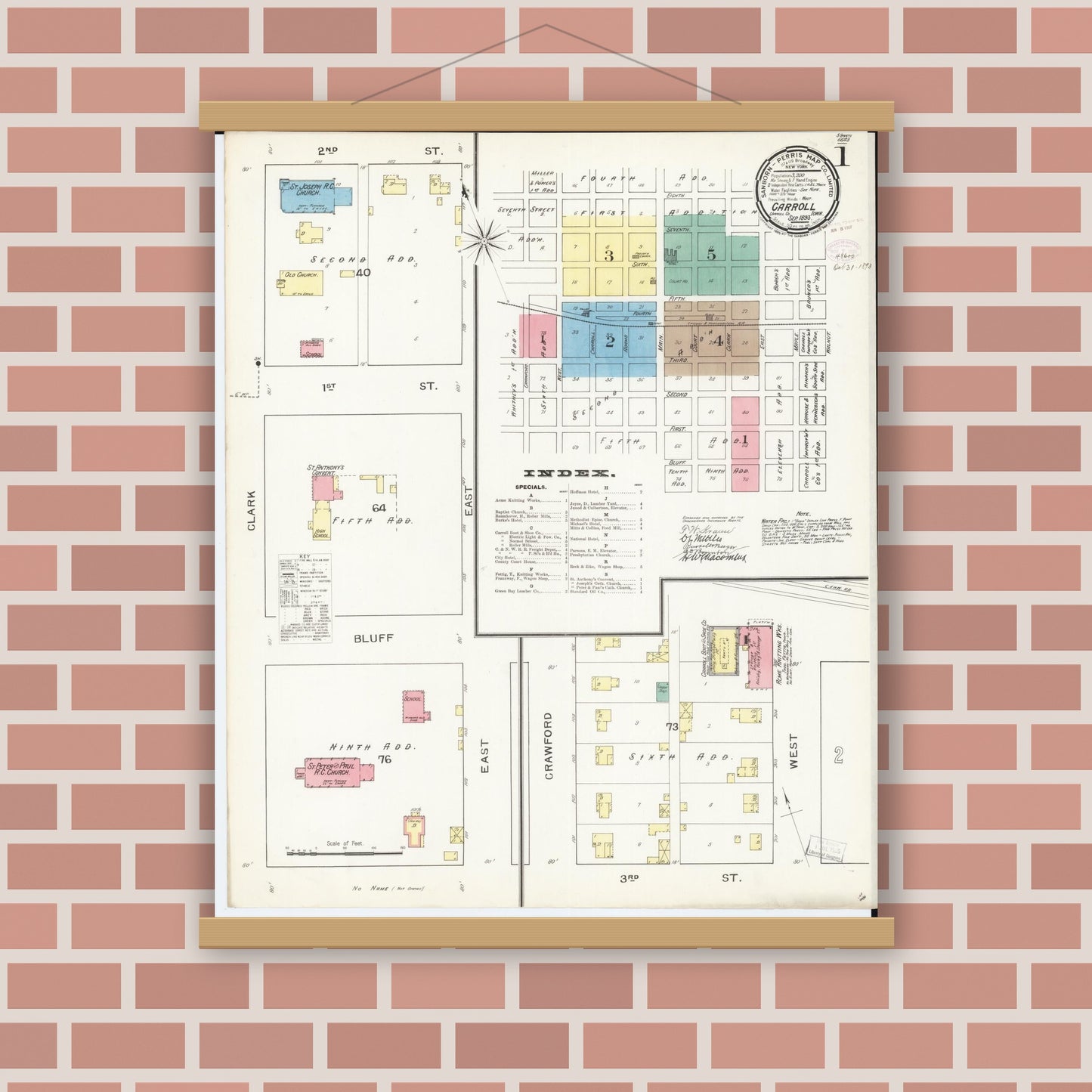 Old map wall art mockup — magnetic wood frame on brick wall — Sanborn Fire Insurance Map from Carroll, Carroll County, Iowa (1893) â€” Complete Set