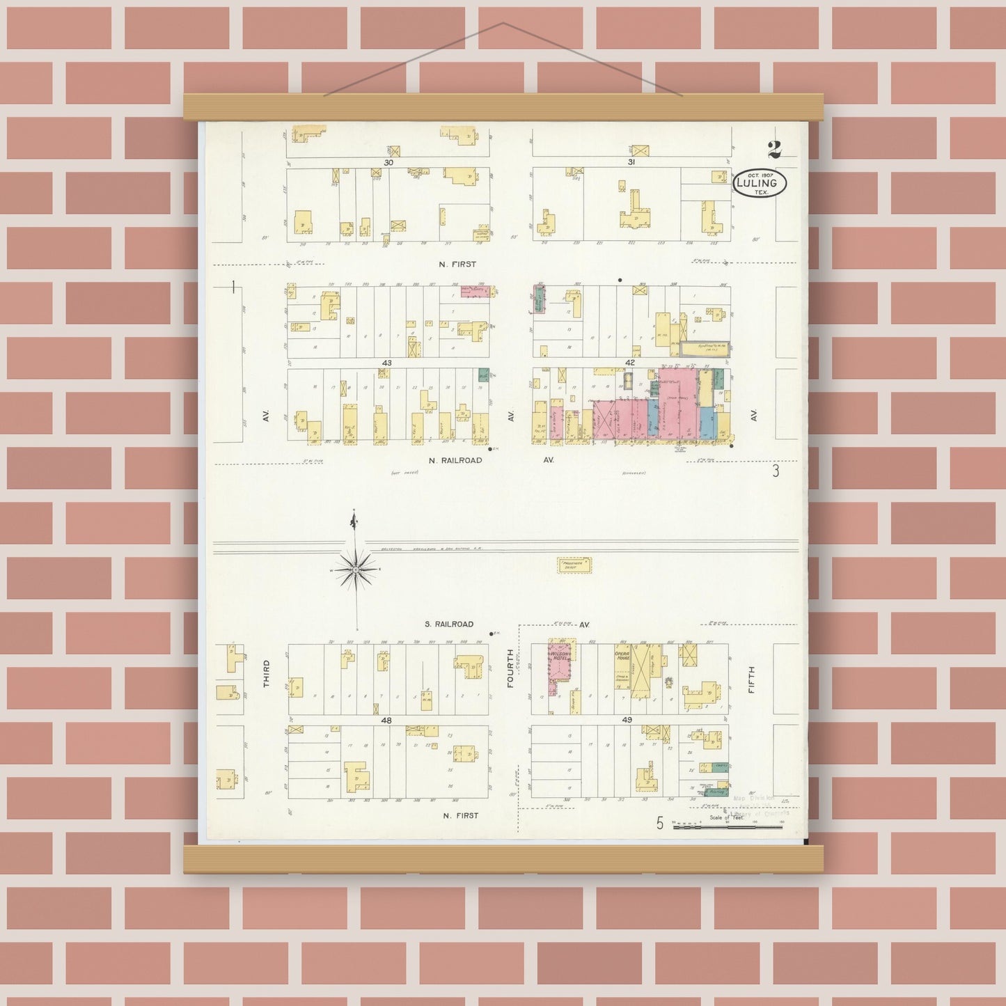 Old map wall art mockup — magnetic wood frame on brick wall — Sanborn Fire Insurance Map from Luling, Caldwell County, Texas (1907), Sheet #0002