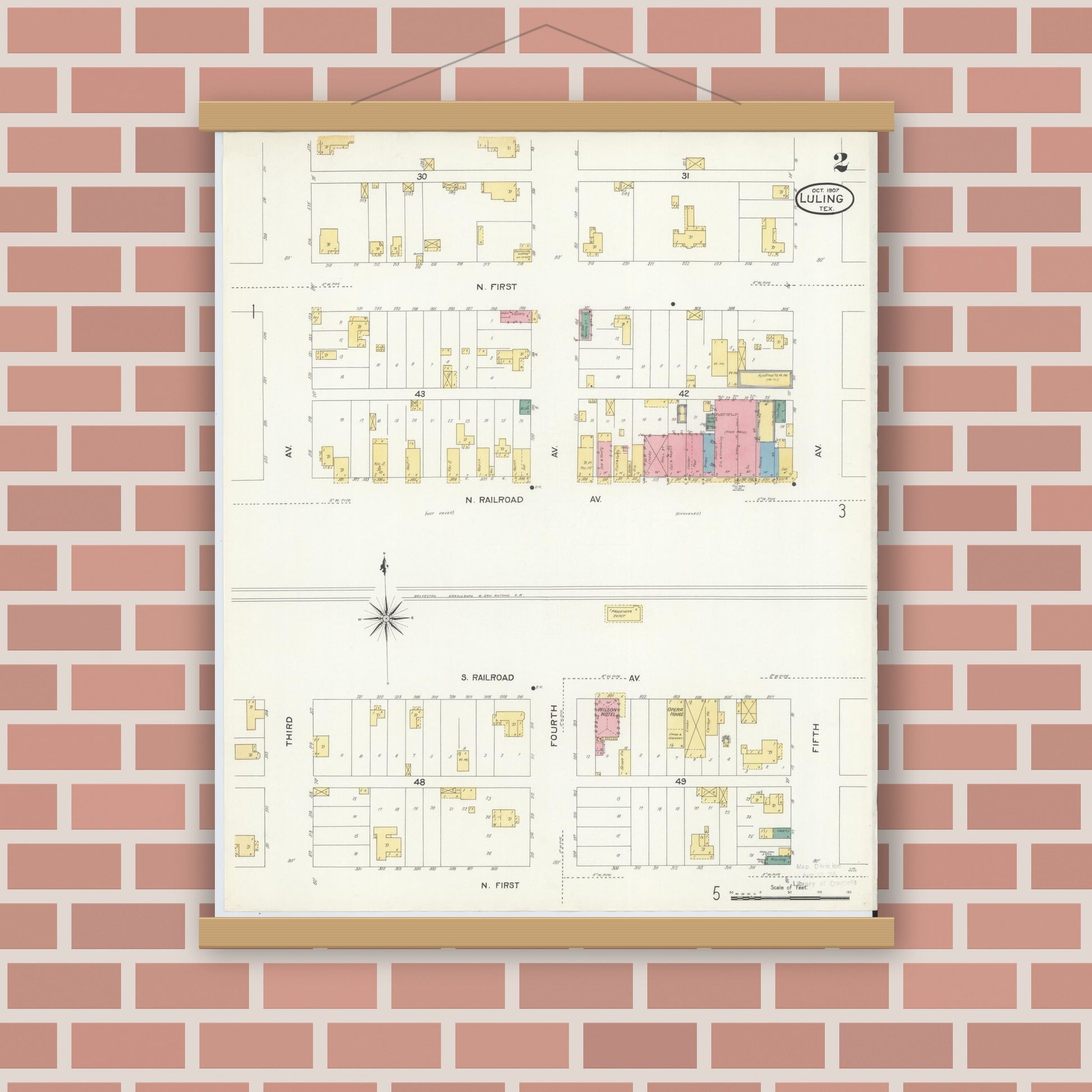Old map wall art mockup — magnetic wood frame on brick wall — Sanborn Fire Insurance Map from Luling, Caldwell County, Texas (1907), Sheet #0002