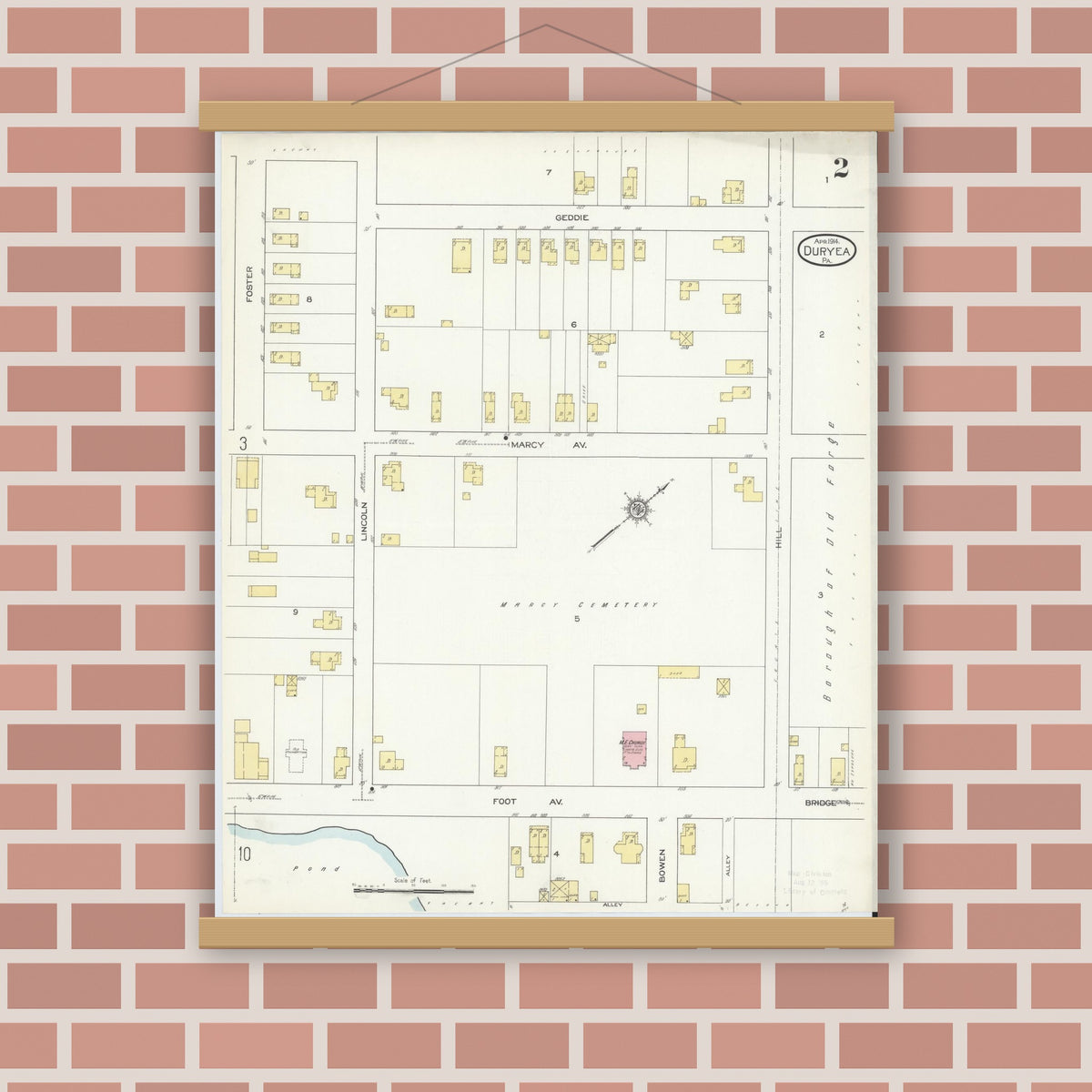 Old map wall art mockup — magnetic wood frame on brick wall — Sanborn Fire Insurance Map from Duryea, Luzerne County, Pennsylvania (1914), Sheet #0002