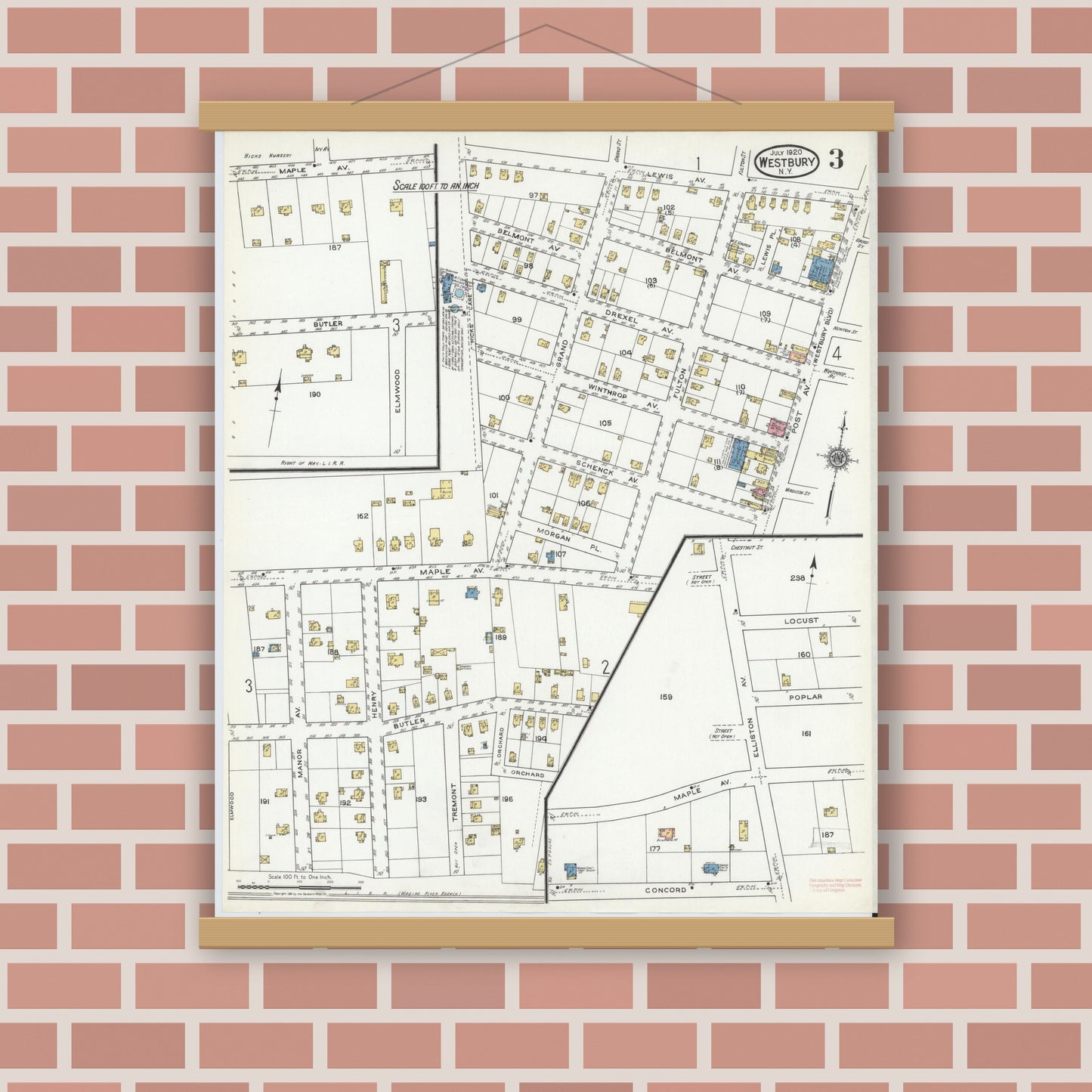Old map wall art mockup — magnetic wood frame on brick wall — Sanborn Fire Insurance Map from Westbury, Nassau County, New York (1920), Sheet #0003