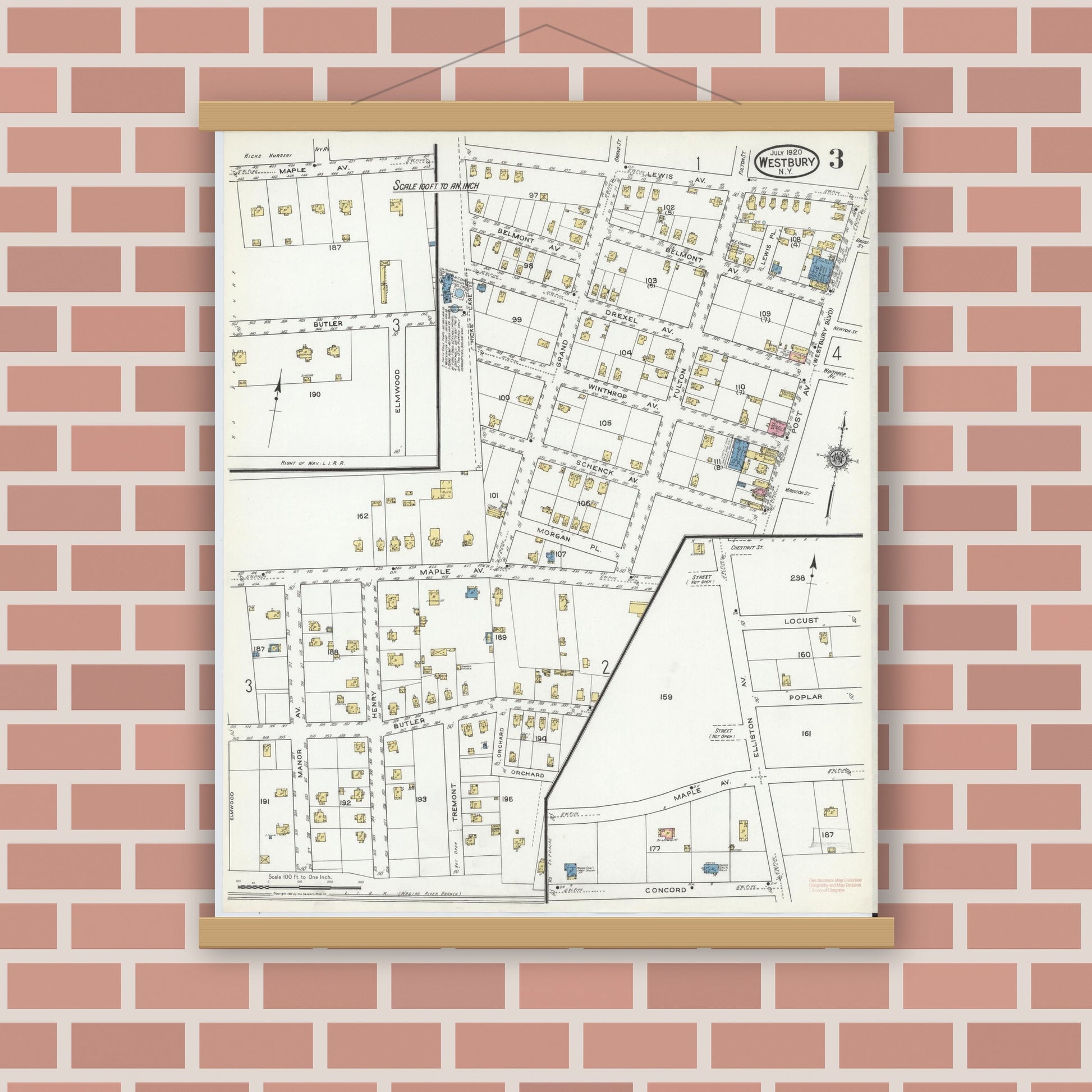 Old map wall art mockup — magnetic wood frame on brick wall — Sanborn Fire Insurance Map from Westbury, Nassau County, New York (1920), Sheet #0003