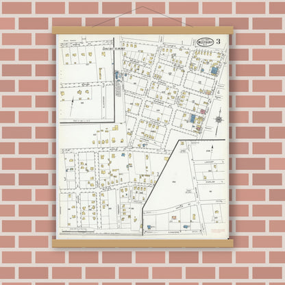 Old map wall art mockup — magnetic wood frame on brick wall — Sanborn Fire Insurance Map from Westbury, Nassau County, New York (1920), Sheet #0003