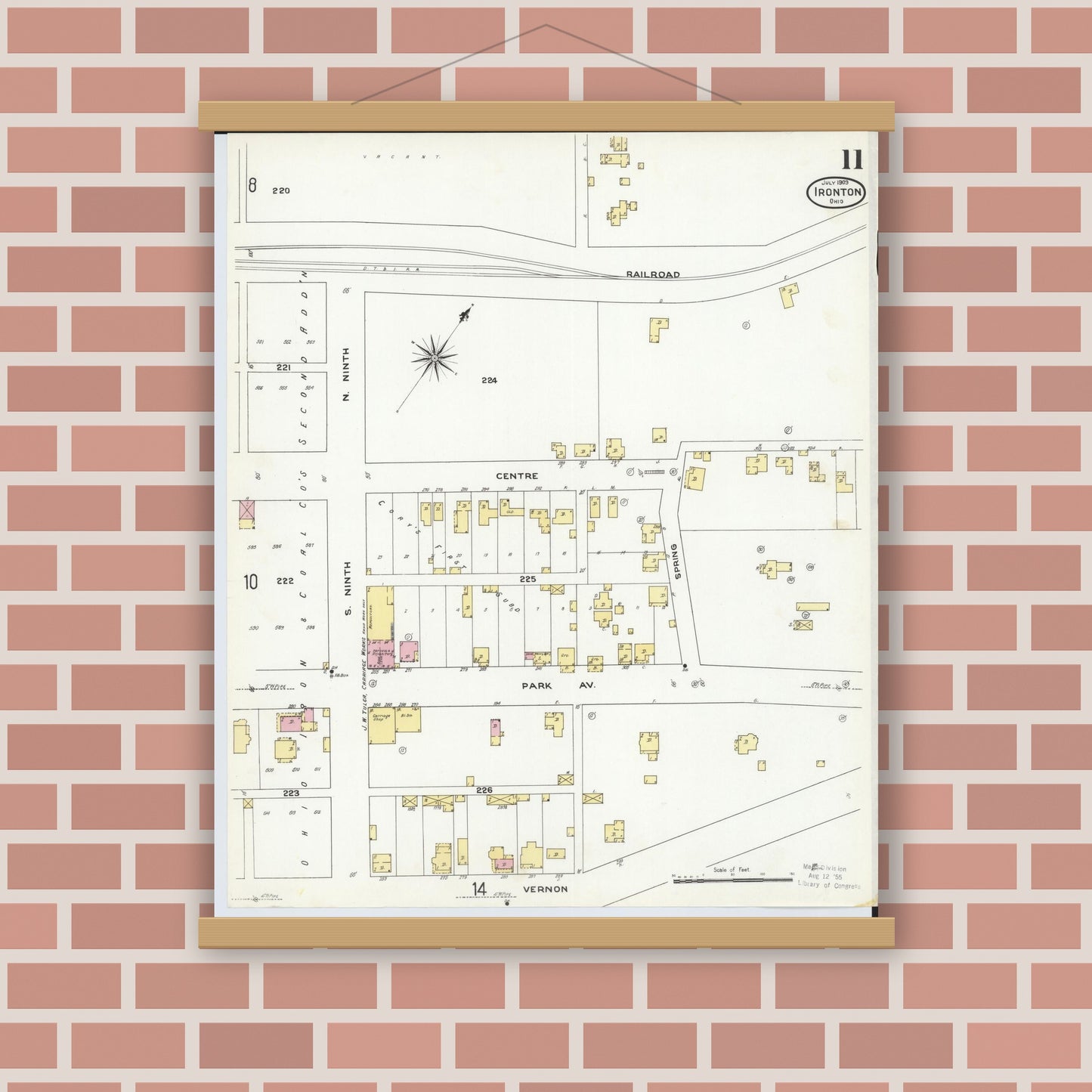 Old map wall art mockup — magnetic wood frame on brick wall — Sanborn Fire Insurance Map from Ironton, Lawrence County, Ohio (1909), Sheet #0011