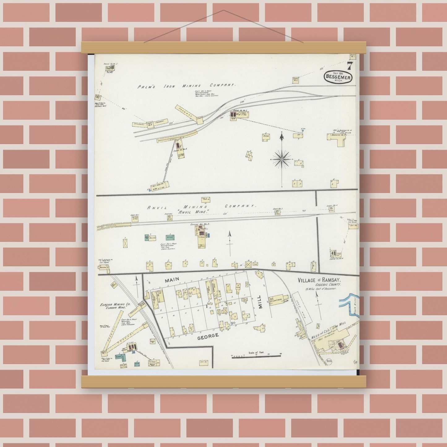 Old map wall art mockup — magnetic wood frame on brick wall — Sanborn Fire Insurance Map from Bessemer, Gogebic County, Michigan (1891), Sheet #0007
