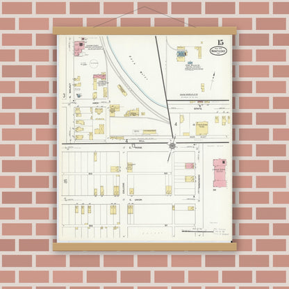 Old map wall art mockup — magnetic wood frame on brick wall — Sanborn Fire Insurance Map from Nanticoke, Luzerne County, Pennsylvania (1912), Sheet #0015
