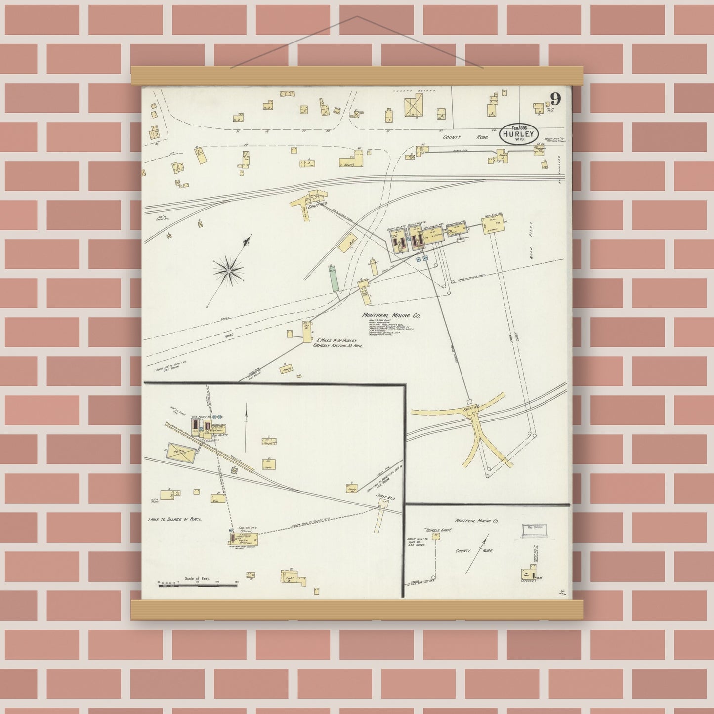 Old map wall art mockup — magnetic wood frame on brick wall — Sanborn Fire Insurance Map from Hurley, Iron County, Wisconsin (1898), Sheet #0009