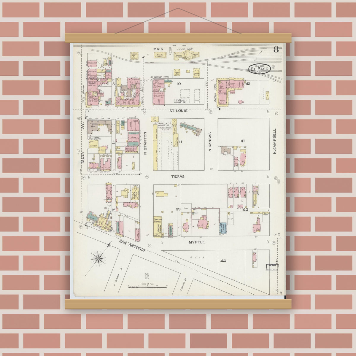 Old map wall art mockup — magnetic wood frame on brick wall — Sanborn Fire Insurance Map from El Paso, El Paso County, Texas (1893), Sheet #0008