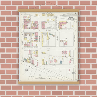 Old map wall art mockup — magnetic wood frame on brick wall — Sanborn Fire Insurance Map from El Paso, El Paso County, Texas (1893), Sheet #0008