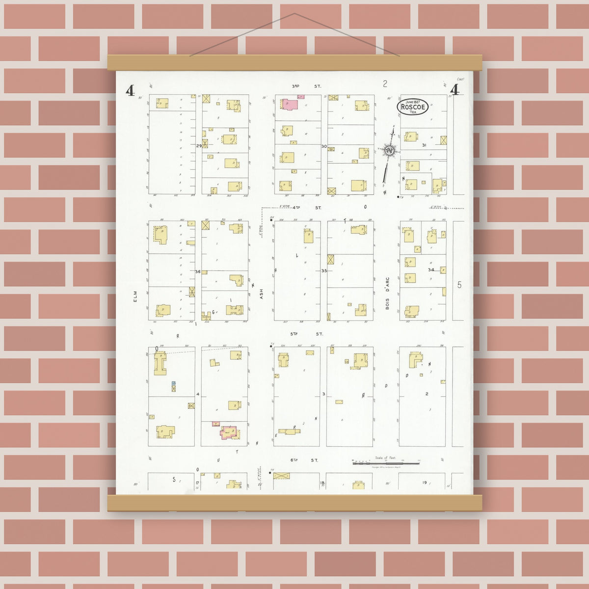 Old map wall art mockup — magnetic wood frame on brick wall — Sanborn Fire Insurance Map from Roscoe, Nolan County, Texas (1927), Sheet #0004