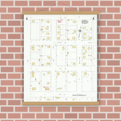 Old map wall art mockup — magnetic wood frame on brick wall — Sanborn Fire Insurance Map from Roscoe, Nolan County, Texas (1927), Sheet #0004