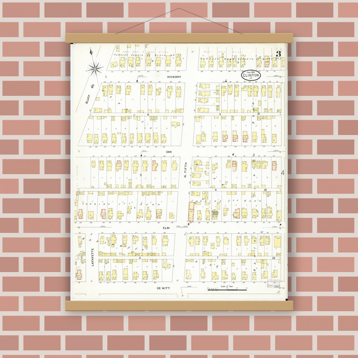 Old map wall art mockup — magnetic wood frame on brick wall — Sanborn Fire Insurance Map from Clinton, Clinton County, Iowa (1909), Sheet #0003
