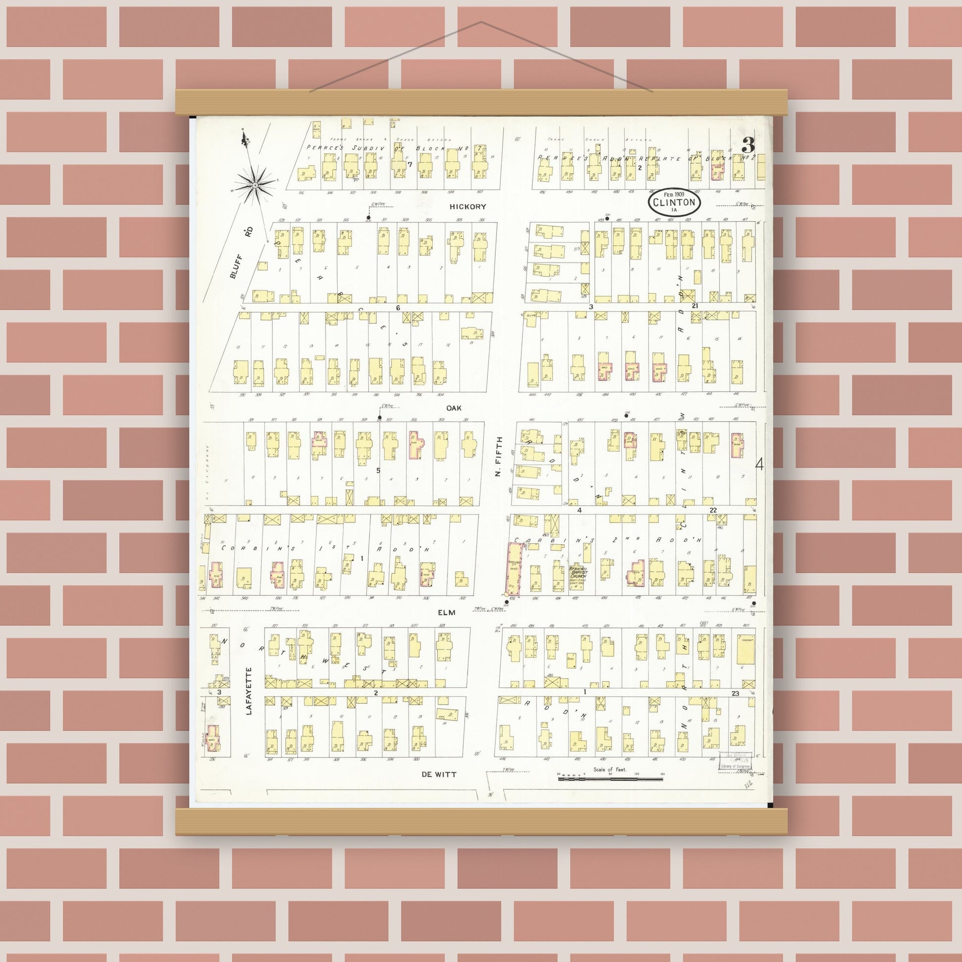 Old map wall art mockup — magnetic wood frame on brick wall — Sanborn Fire Insurance Map from Clinton, Clinton County, Iowa (1909), Sheet #0003