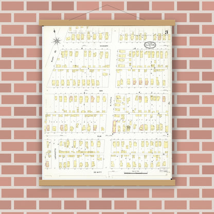 Old map wall art mockup — magnetic wood frame on brick wall — Sanborn Fire Insurance Map from Clinton, Clinton County, Iowa (1909), Sheet #0003