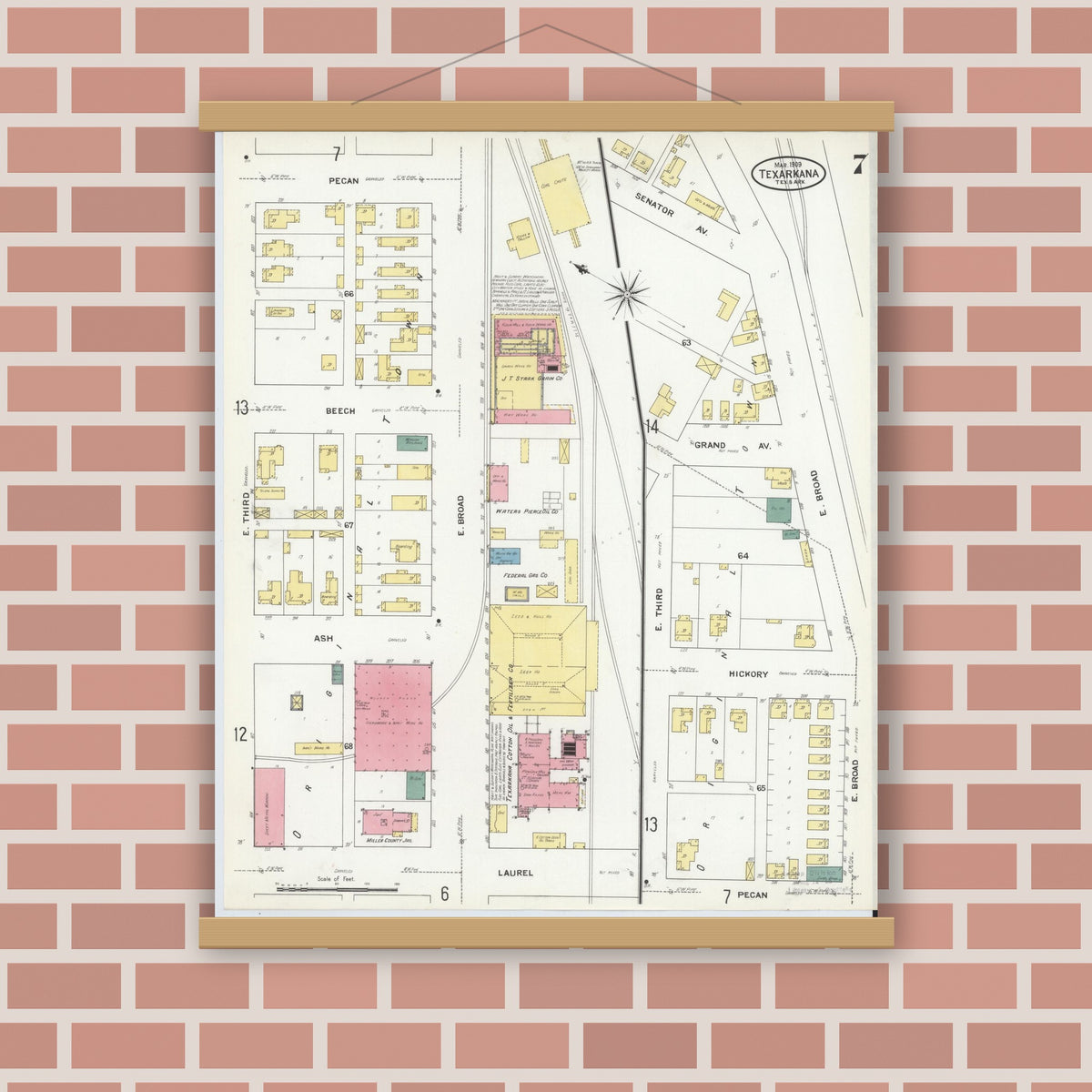 Old map wall art mockup — magnetic wood frame on brick wall — Sanborn Fire Insurance Map from Texarkana, Bowie County, Texas (1909), Sheet #0007
