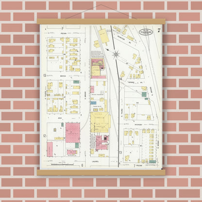 Old map wall art mockup — magnetic wood frame on brick wall — Sanborn Fire Insurance Map from Texarkana, Bowie County, Texas (1909), Sheet #0007