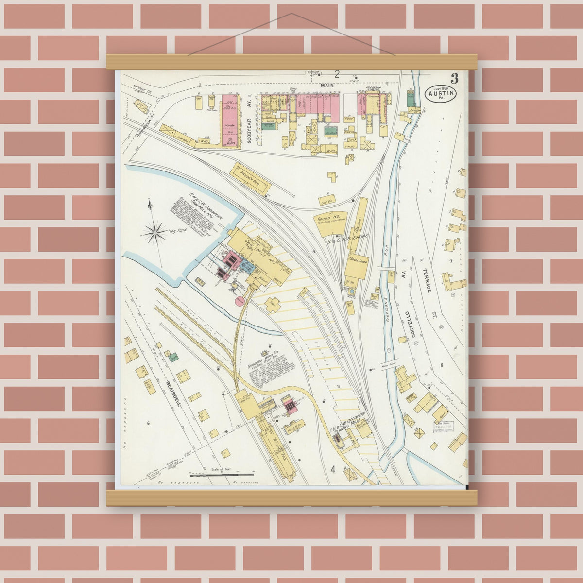 Old map wall art mockup — magnetic wood frame on brick wall — Sanborn Fire Insurance Map from Austin, Potter County, Pennsylvania (1898), Sheet #0003