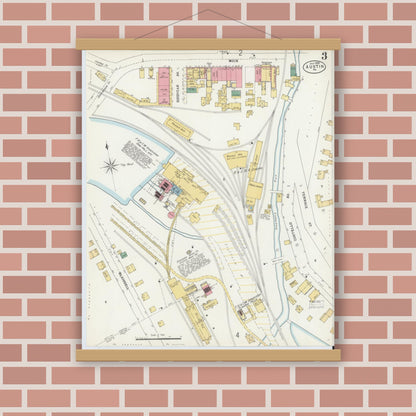 Old map wall art mockup — magnetic wood frame on brick wall — Sanborn Fire Insurance Map from Austin, Potter County, Pennsylvania (1898), Sheet #0003