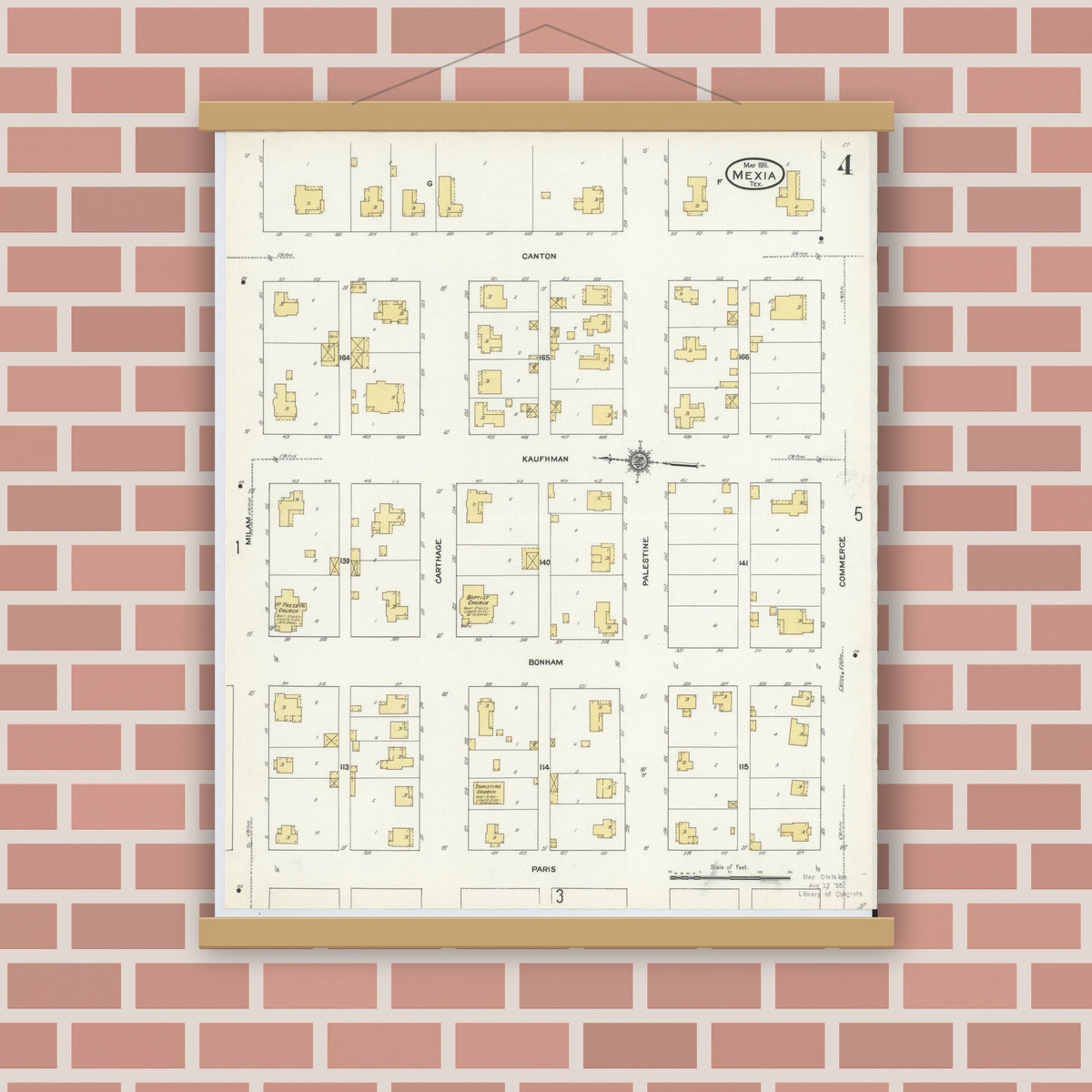 Old map wall art mockup — magnetic wood frame on brick wall — Sanborn Fire Insurance Map from Mexia, Limestone County, Texas (1911), Sheet #0004