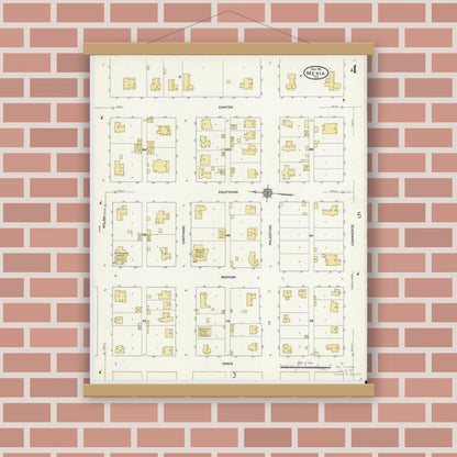Old map wall art mockup — magnetic wood frame on brick wall — Sanborn Fire Insurance Map from Mexia, Limestone County, Texas (1911), Sheet #0004