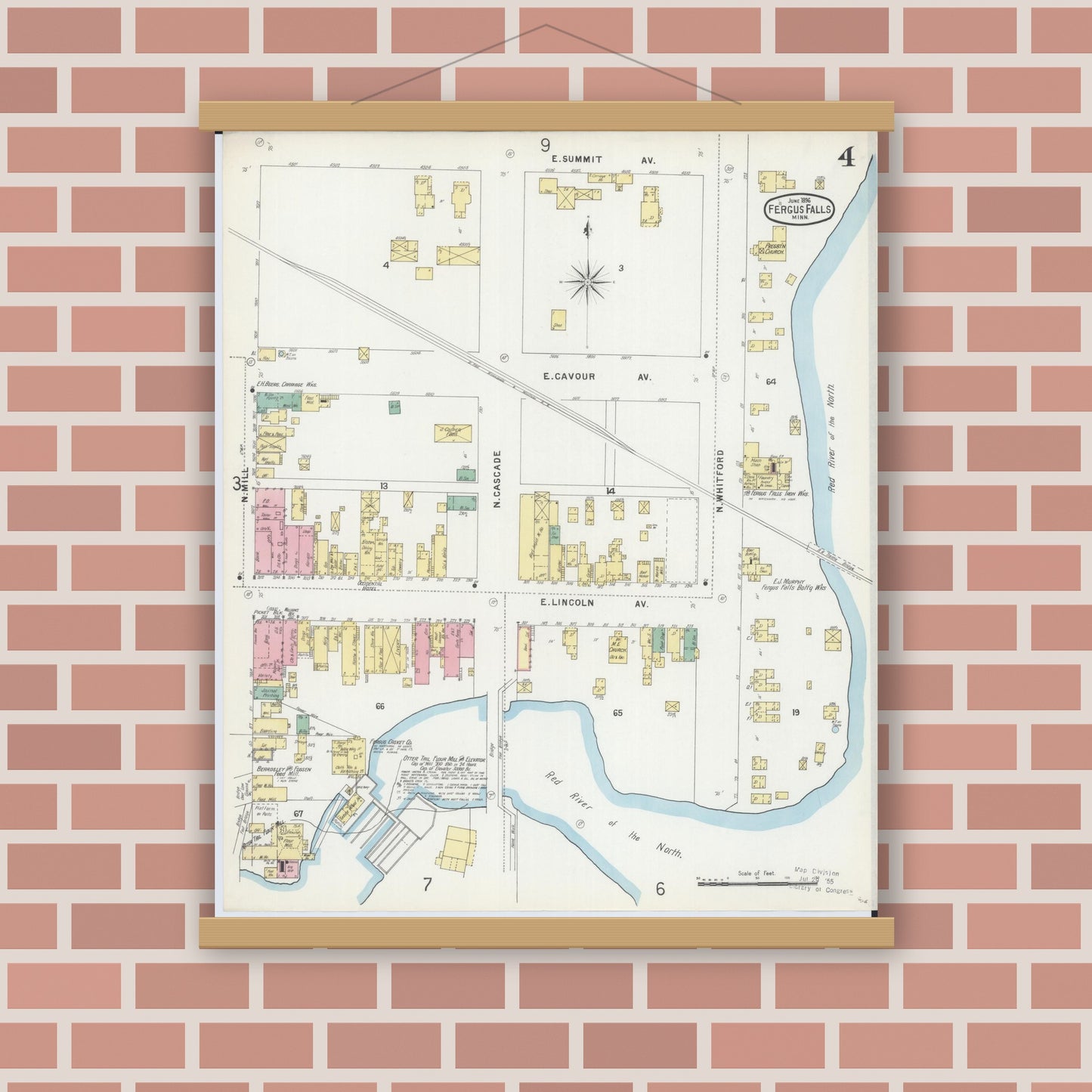 Old map wall art mockup — magnetic wood frame on brick wall — Sanborn Fire Insurance Map from Fergus Falls, Otter Tail County, Minnesota (1896), Sheet #0004