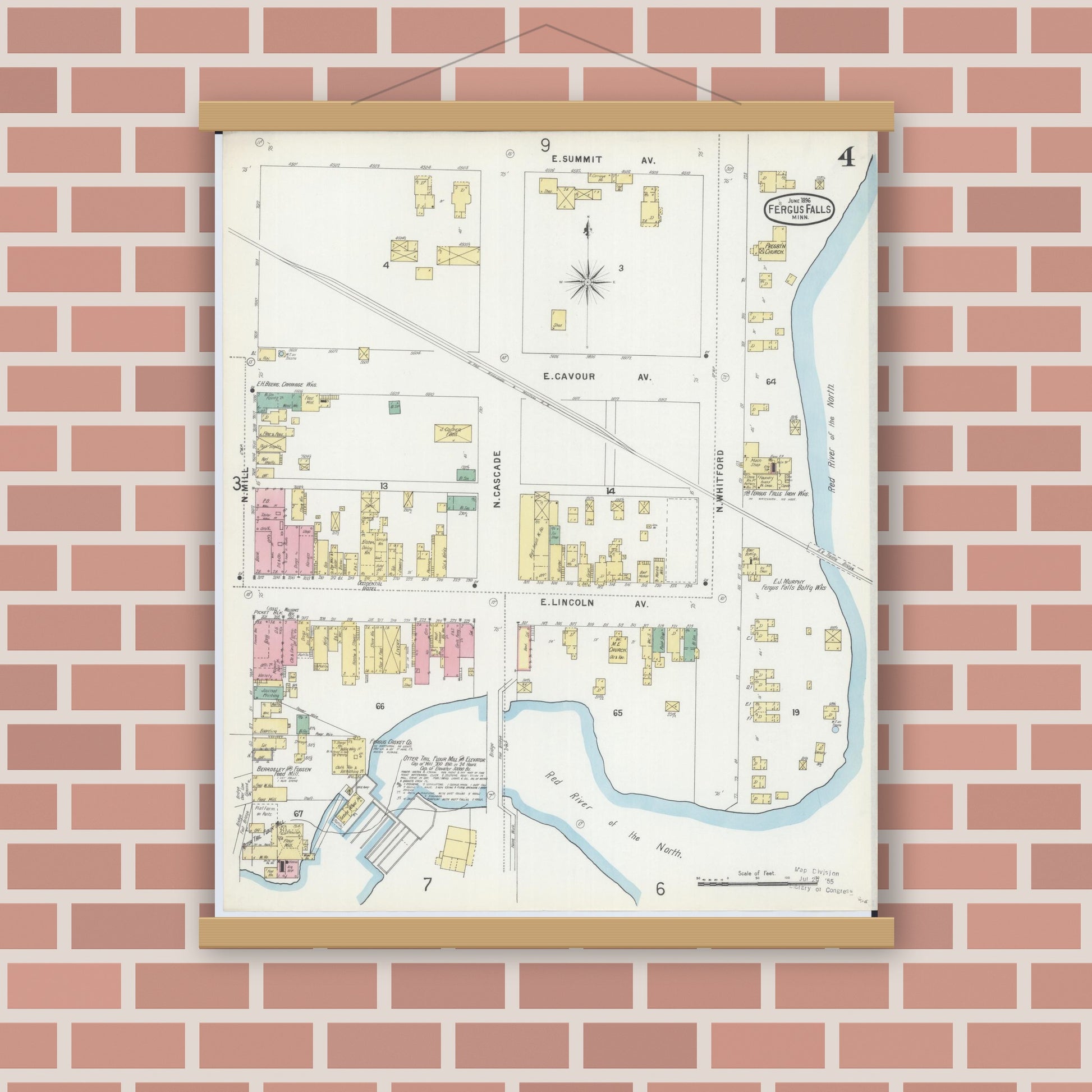 Old map wall art mockup — magnetic wood frame on brick wall — Sanborn Fire Insurance Map from Fergus Falls, Otter Tail County, Minnesota (1896), Sheet #0004