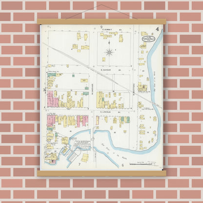 Old map wall art mockup — magnetic wood frame on brick wall — Sanborn Fire Insurance Map from Fergus Falls, Otter Tail County, Minnesota (1896), Sheet #0004