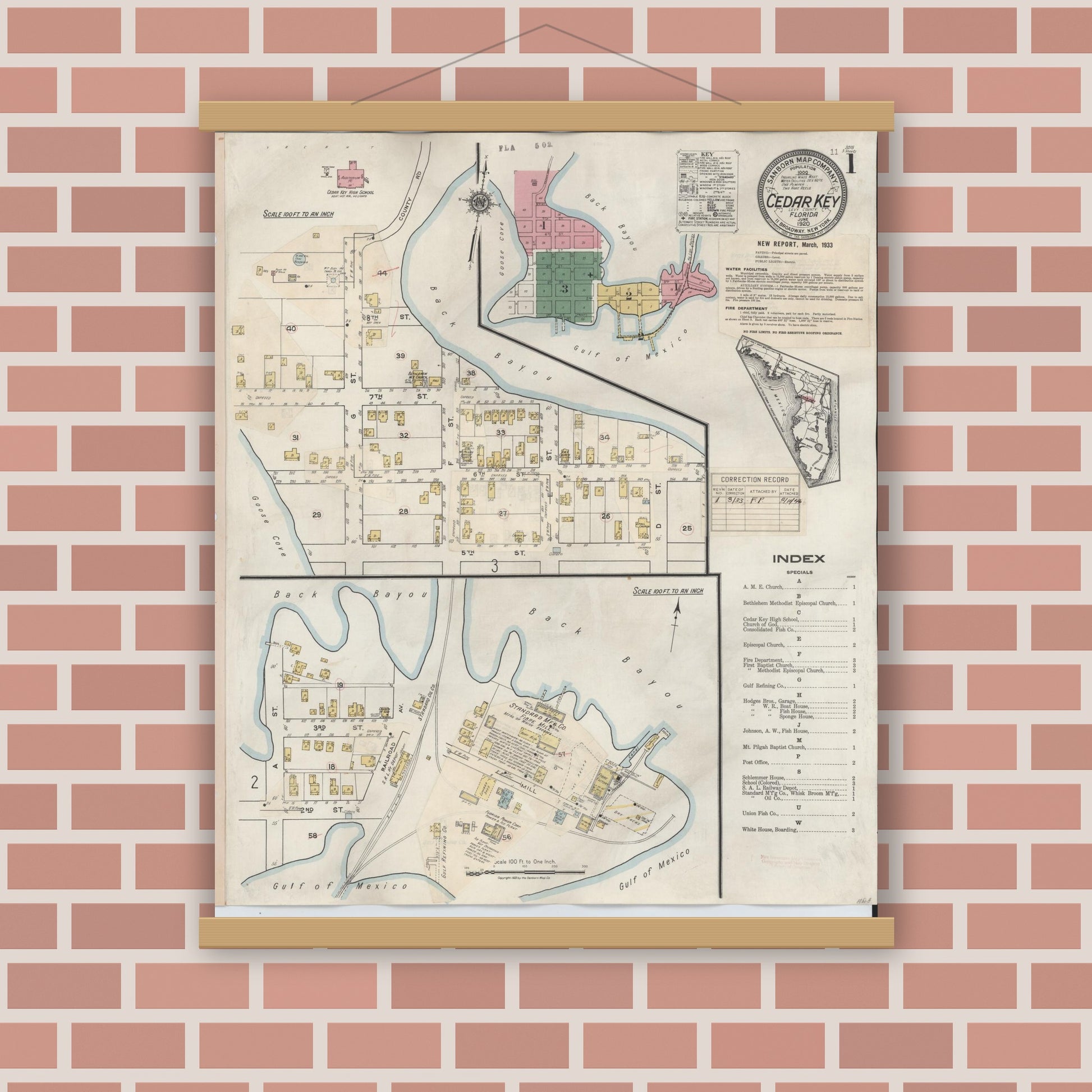 Old map wall art mockup — magnetic wood frame on brick wall — Sanborn Fire Insurance Map from Cedar Key, Levy County, Florida (1933) - Complete Map Set