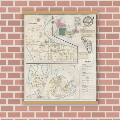 Old map wall art mockup — magnetic wood frame on brick wall — Sanborn Fire Insurance Map from Cedar Key, Levy County, Florida (1933) - Complete Map Set