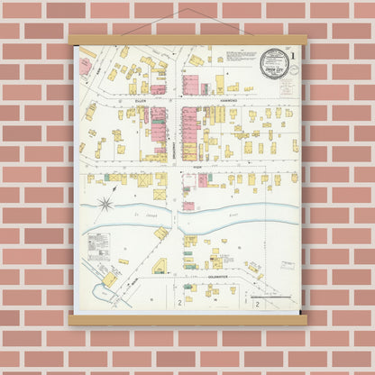 Old map wall art mockup — magnetic wood frame on brick wall — Sanborn Fire Insurance Map from Union City, Branch And Calhoun Counties, Michigan (1899), Sheet #0001