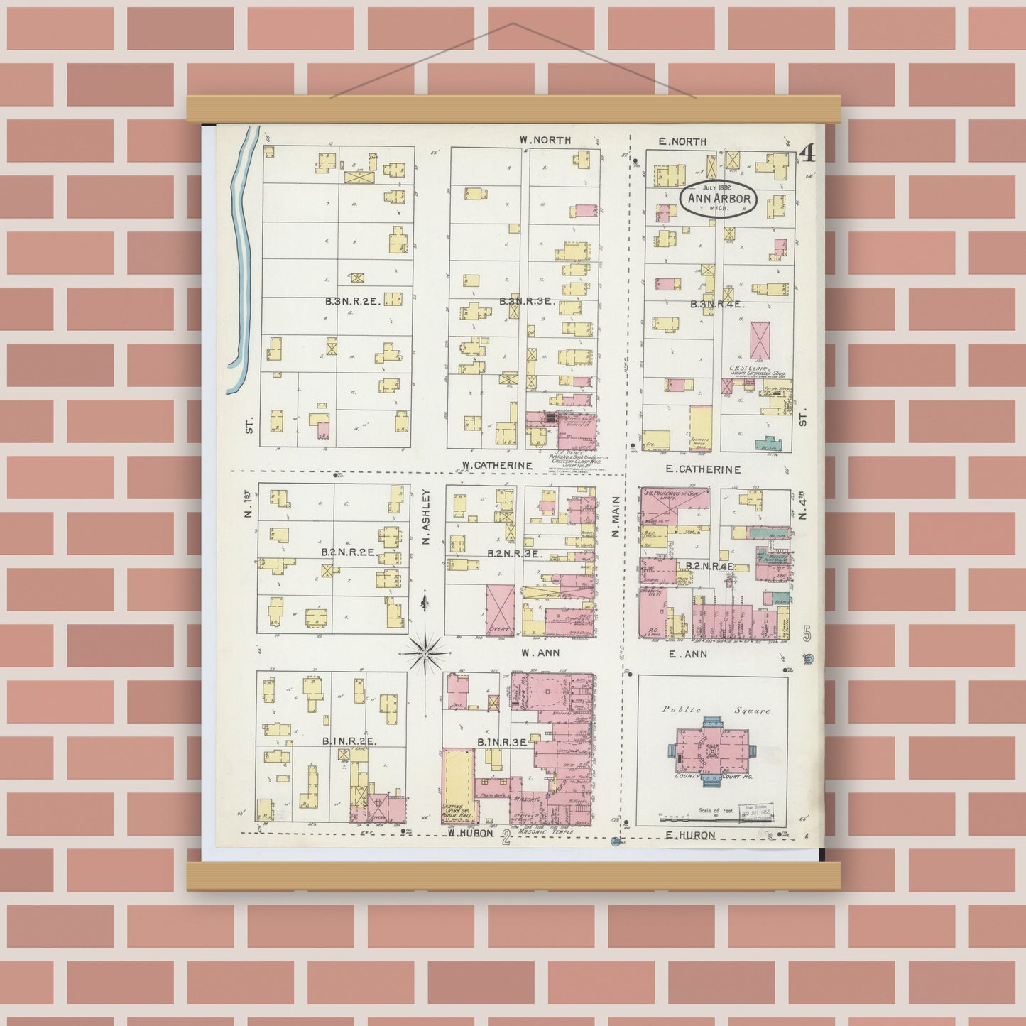 Old map wall art mockup — magnetic wood frame on brick wall — Sanborn Fire Insurance Map from Ann Arbor, Washtenaw County, Michigan (1892), Sheet #0004